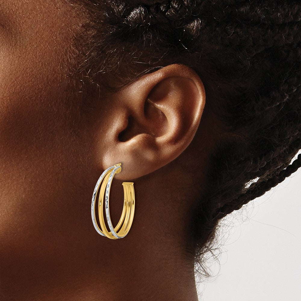 14K Yellow & Rhodium White And D/C 3 Row Round J Hoop Post Earrings