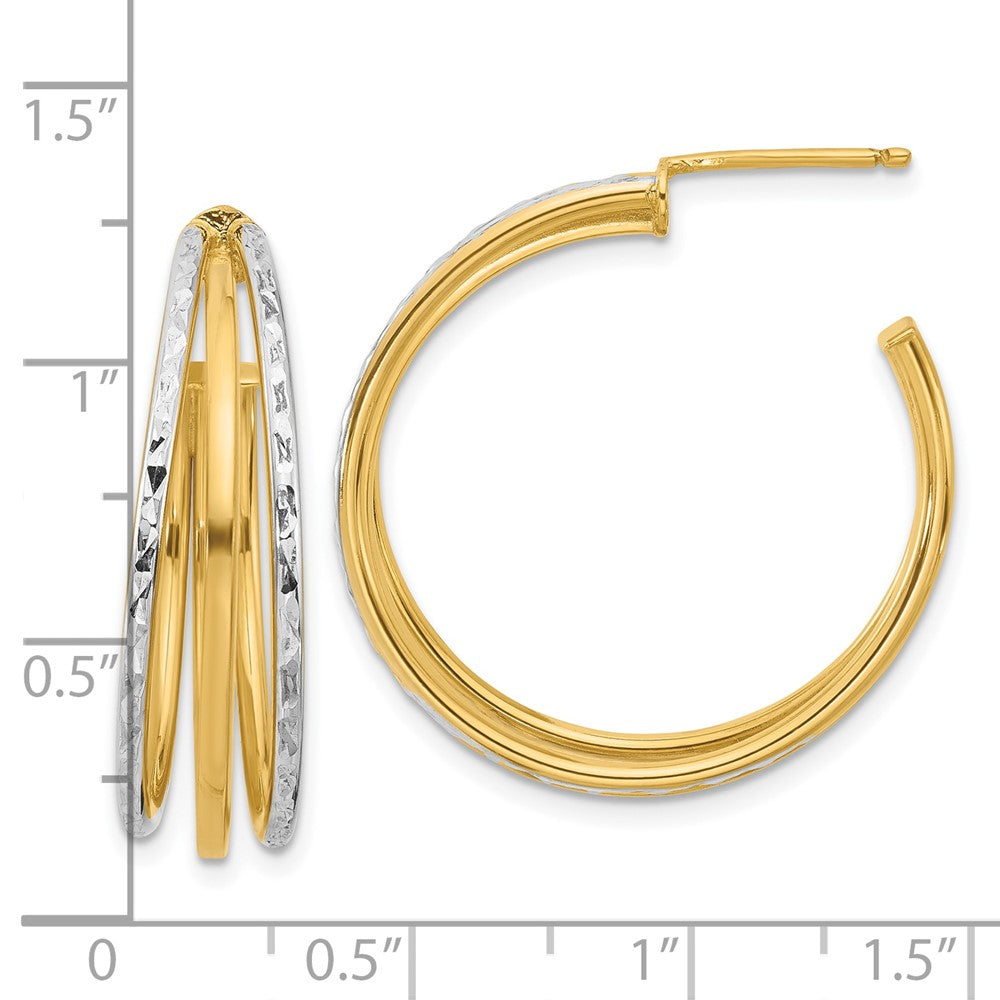 14K Yellow & Rhodium White And D/C 3 Row Round J Hoop Post Earrings