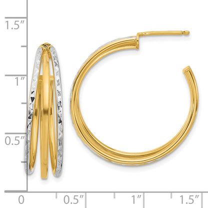 14K Yellow & Rhodium White And D/C 3 Row Round J Hoop Post Earrings