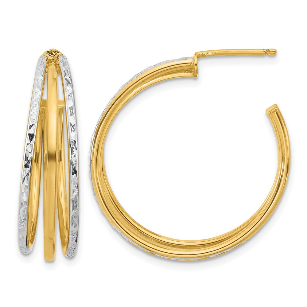 14K Yellow & Rhodium White And D/C 3 Row Round J Hoop Post Earrings