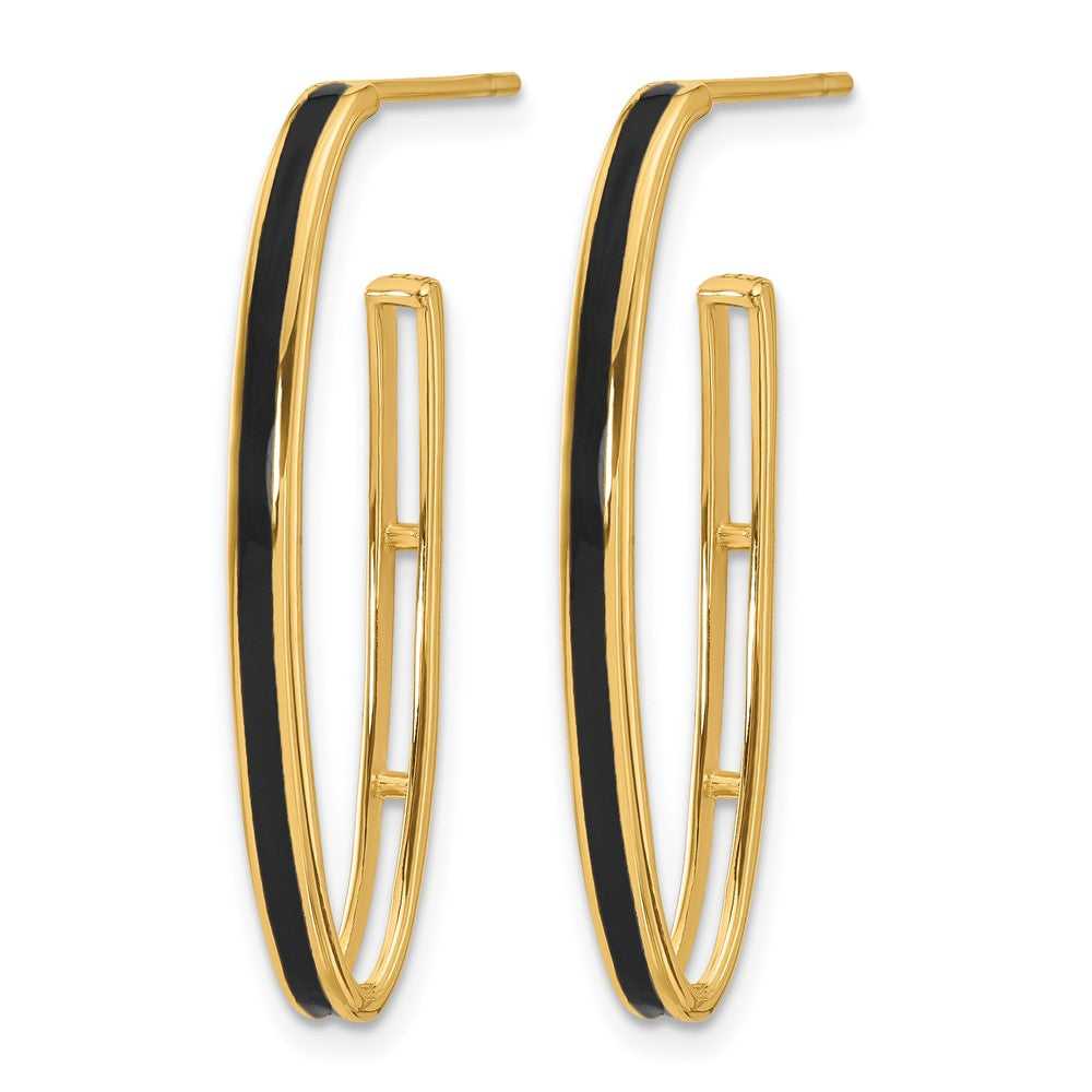 14K Yellow Gold Polished With Black Enamel Oval J Hoop Post Earrings