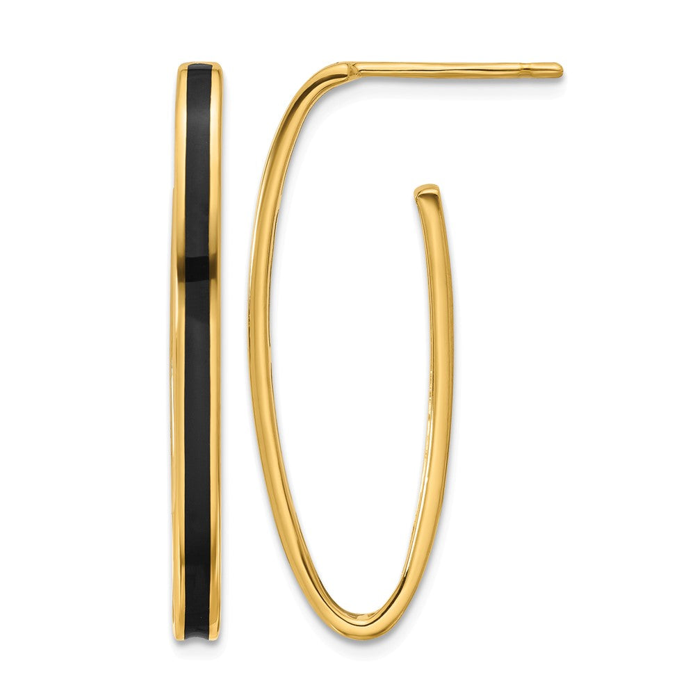 14K Yellow Gold Polished With Black Enamel Oval J Hoop Post Earrings