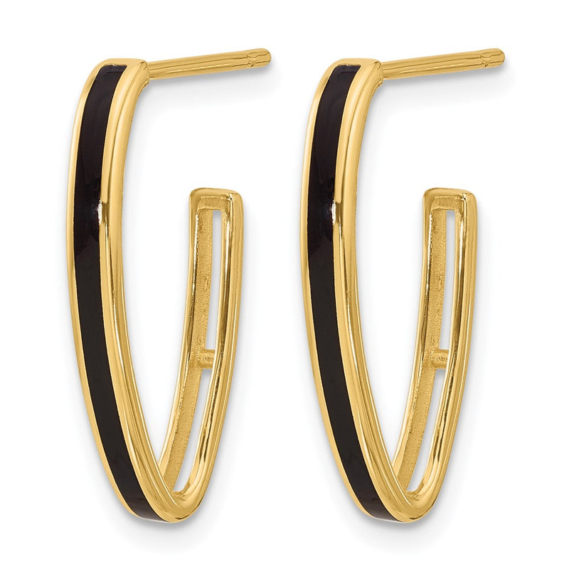 14K Yellow Gold Polished With Black Enamel Oval J Hoop Post Earrings