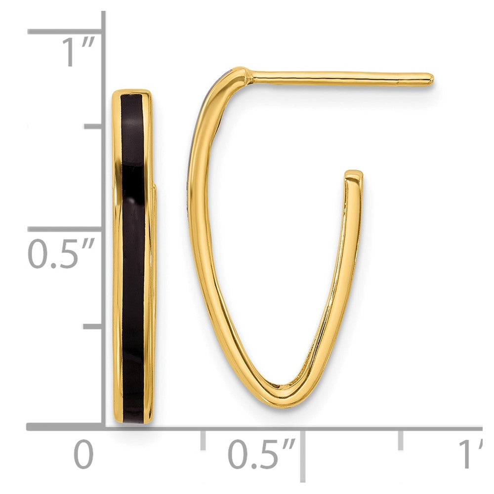 14K Yellow Gold Polished With Black Enamel Oval J Hoop Post Earrings