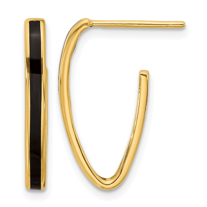 14K Yellow Gold Polished With Black Enamel Oval J Hoop Post Earrings
