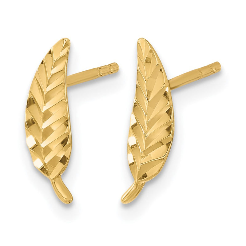 14K Yellow Gold Polished And Diamond Cut Leaf Post Earrings