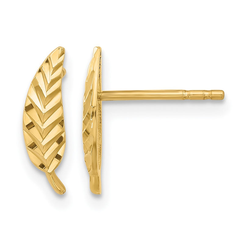 14K Yellow Gold Polished And Diamond Cut Leaf Post Earrings