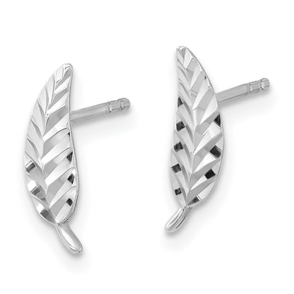 14K White Gold Polished And Diamond Cut Leaf Post Earrings