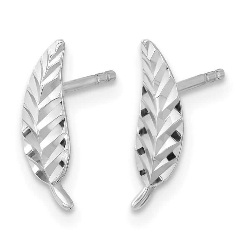 14K White Gold Polished And Diamond Cut Leaf Post Earrings