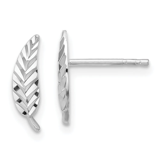 14K White Gold Polished And Diamond Cut Leaf Post Earrings