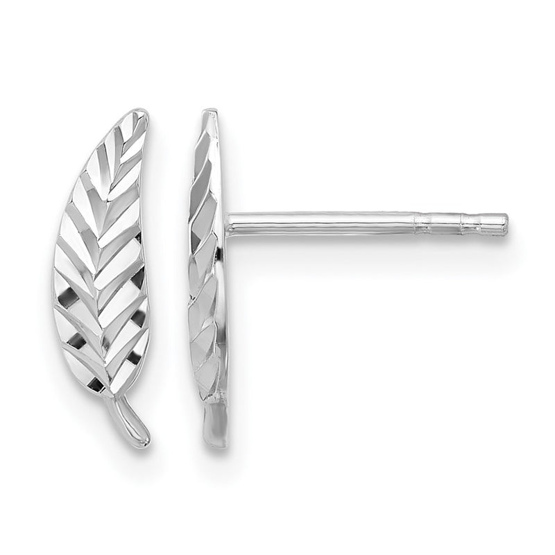 14K White Gold Polished And Diamond Cut Leaf Post Earrings