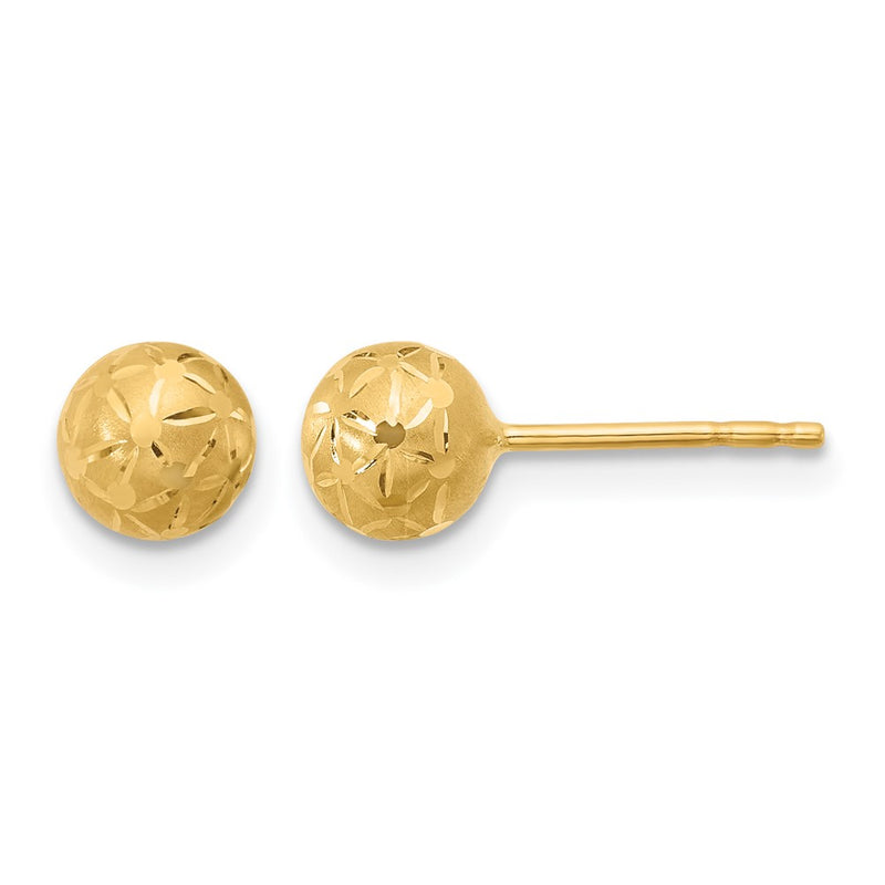 14K Yellow Gold Polished/Satin And Diamond Cut Ball Post Earrings