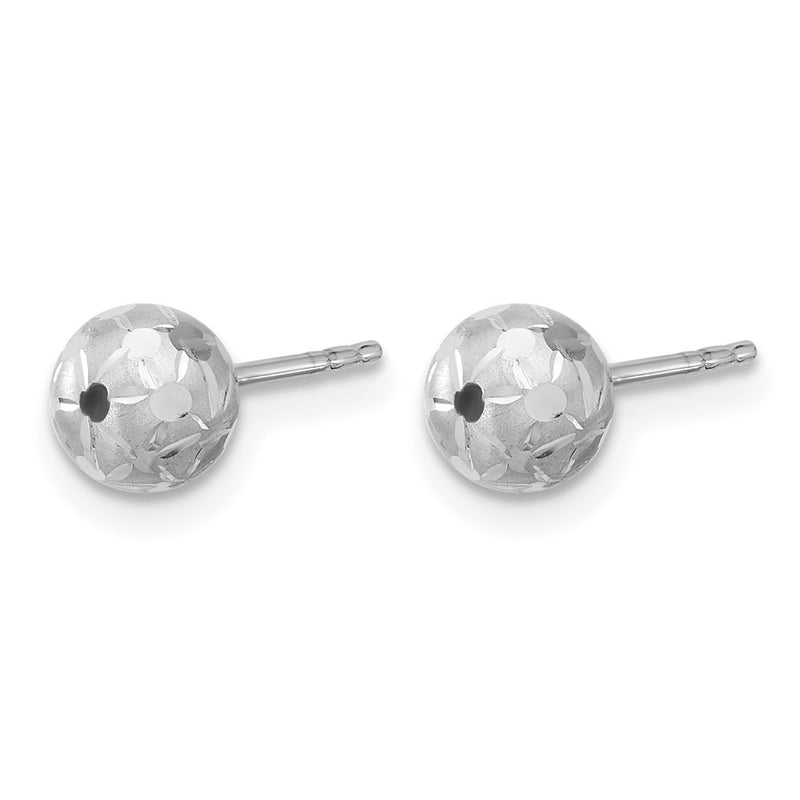 14K White Gold Polished/Satin And Diamond Cut Ball Post Earrings