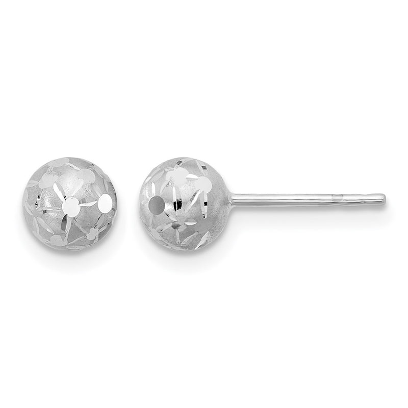 14K White Gold Polished/Satin And Diamond Cut Ball Post Earrings
