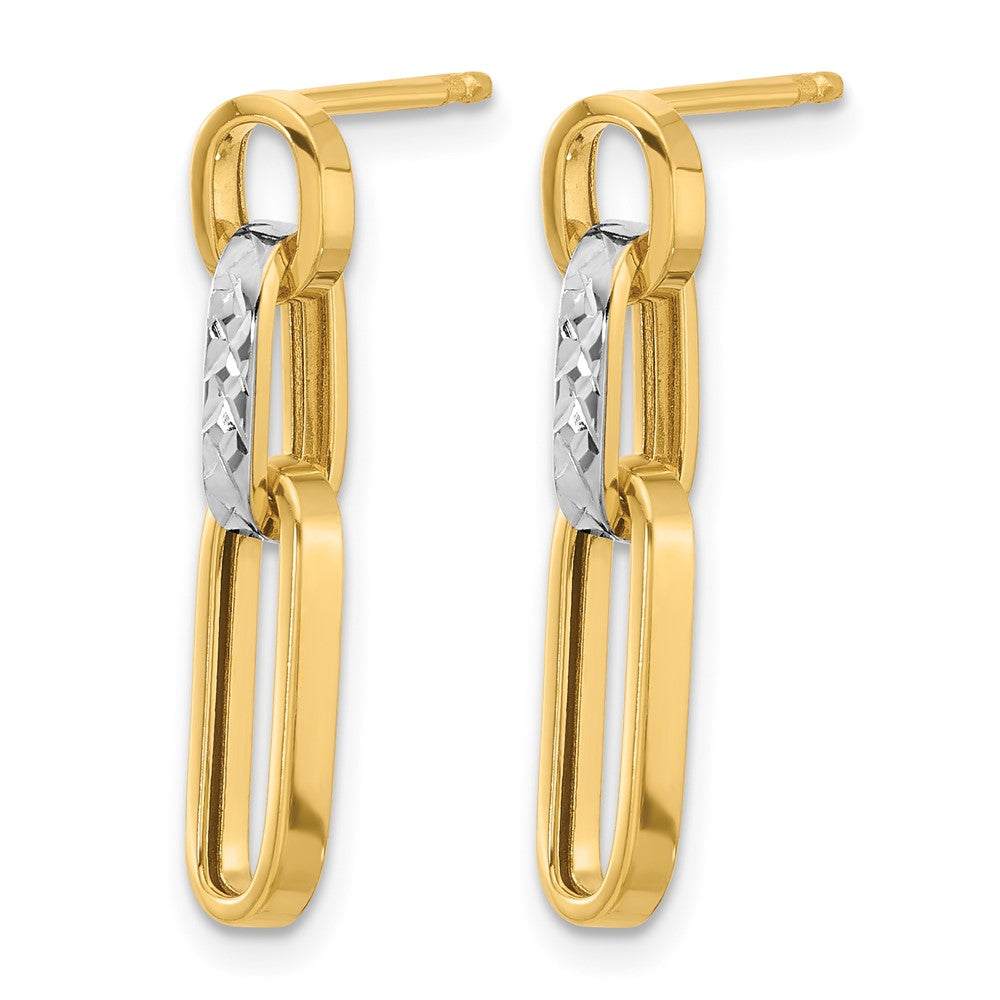 14K Yellow & Rhodium Polished And D/C Link Dangle Post Earrings
