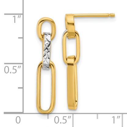 14K Yellow & Rhodium Polished And D/C Link Dangle Post Earrings