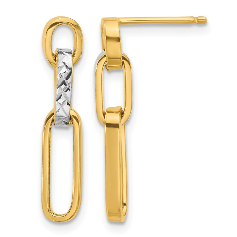 14K Yellow & Rhodium Polished And D/C Link Dangle Post Earrings