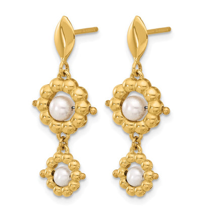 14K Yellow Gold Polished Fwc Pearl Flower Post Dangle Earrings