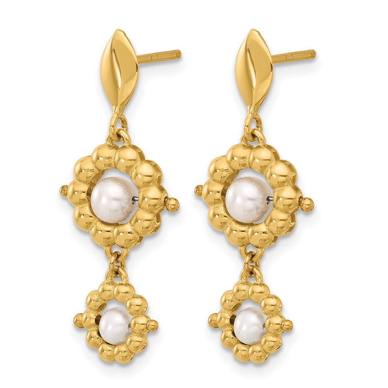 14K Yellow Gold Polished Fwc Pearl Flower Post Dangle Earrings