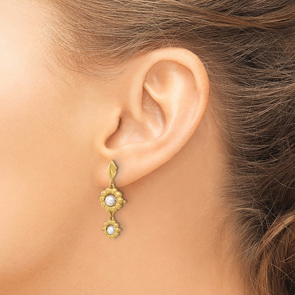 14K Yellow Gold Polished Fwc Pearl Flower Post Dangle Earrings