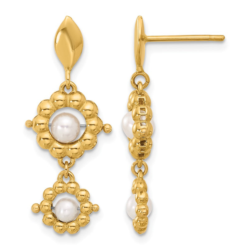 14K Yellow Gold Polished Fwc Pearl Flower Post Dangle Earrings
