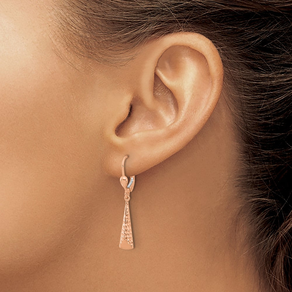 14K Rose Gold Polished/ Dia Cut Dangle Leverback Earrings