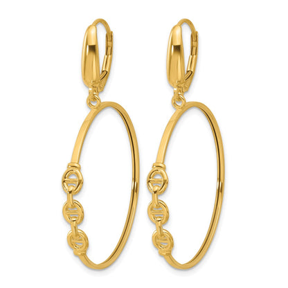 14K Yellow Gold Polished Link Design Leverback Hoop Earrings