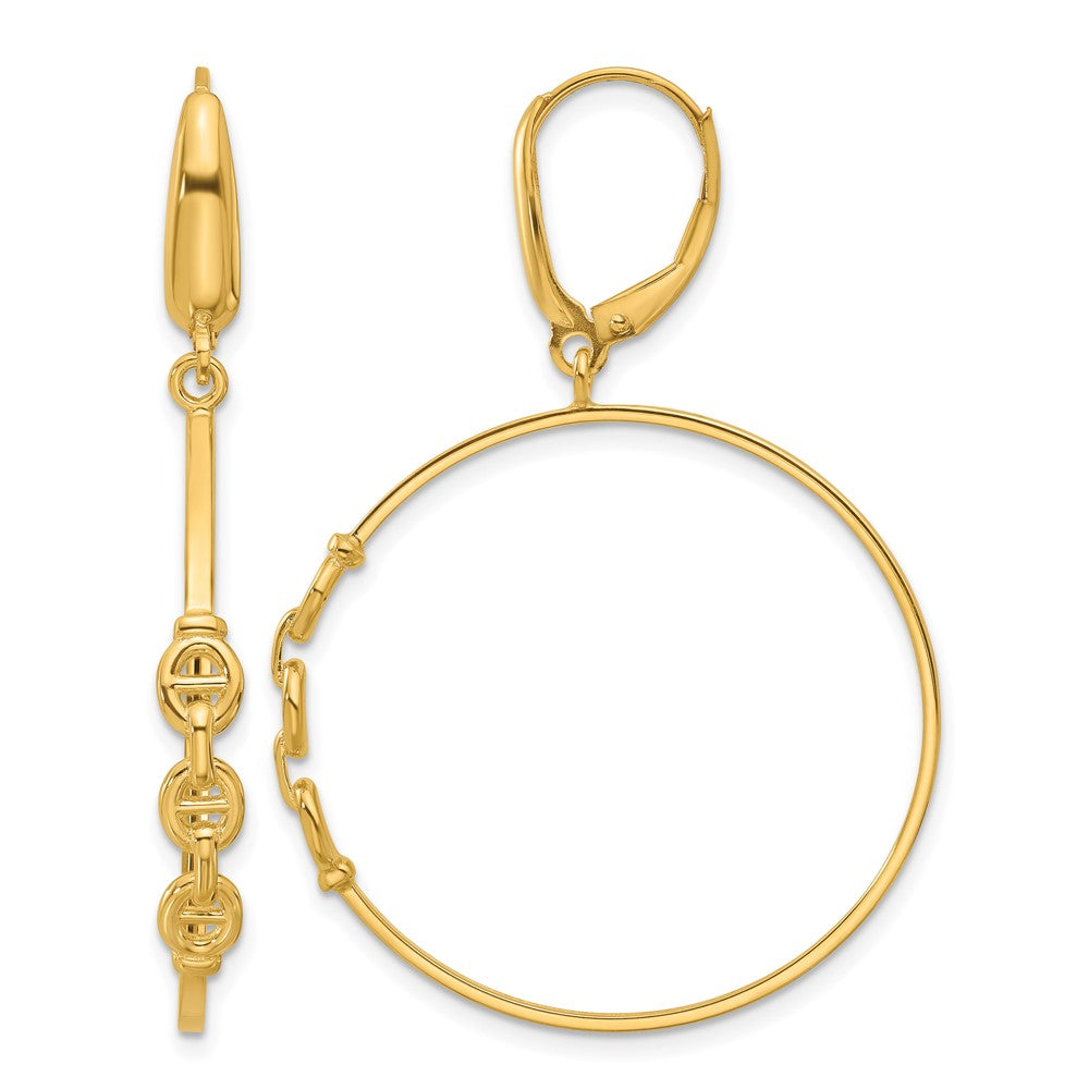 14K Yellow Gold Polished Link Design Leverback Hoop Earrings