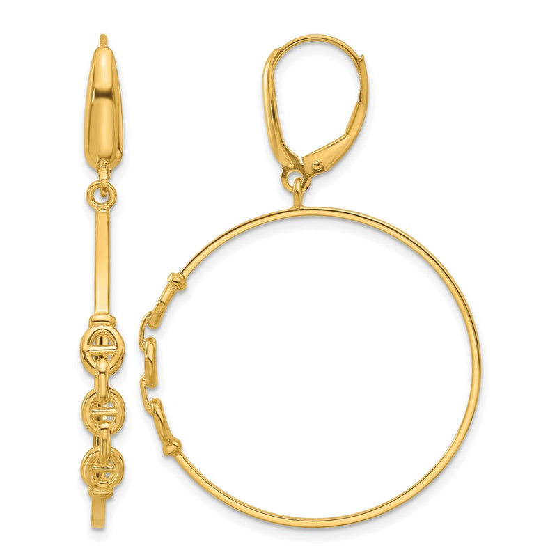 14K Yellow Gold Polished Link Design Leverback Hoop Earrings