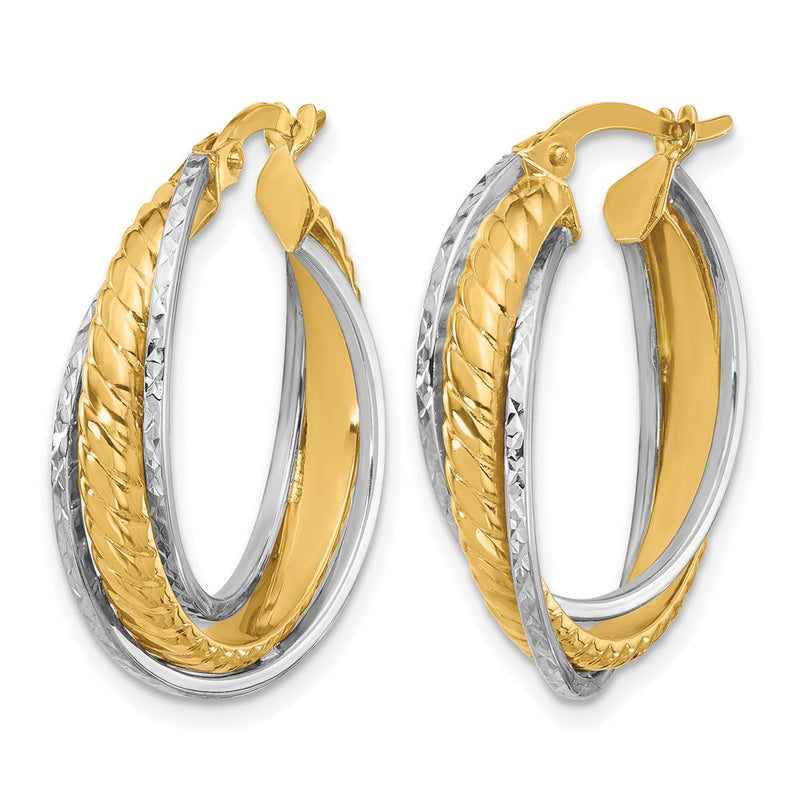 14K Two Tone Polished And Diamond Cut Hoop Earrings