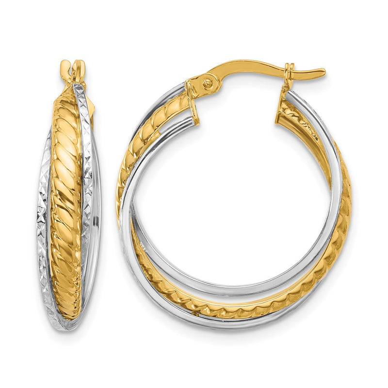 14K Two Tone Polished And Diamond Cut Hoop Earrings