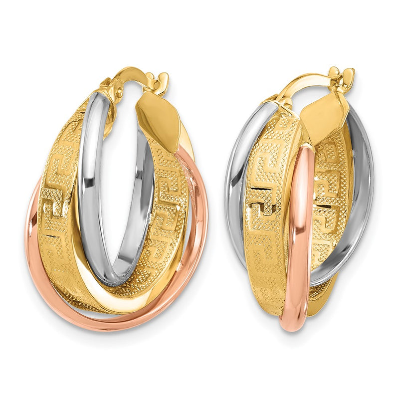 14K Tri Color Polished With Textured Greek Key Hoop Earrings