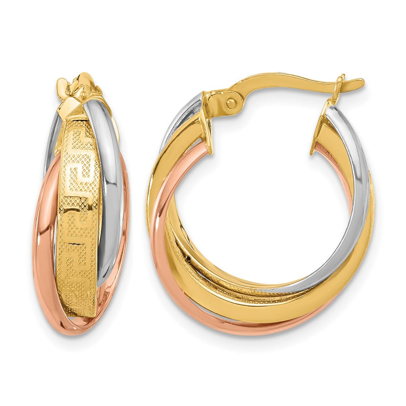 14K Tri Color Polished With Textured Greek Key Hoop Earrings