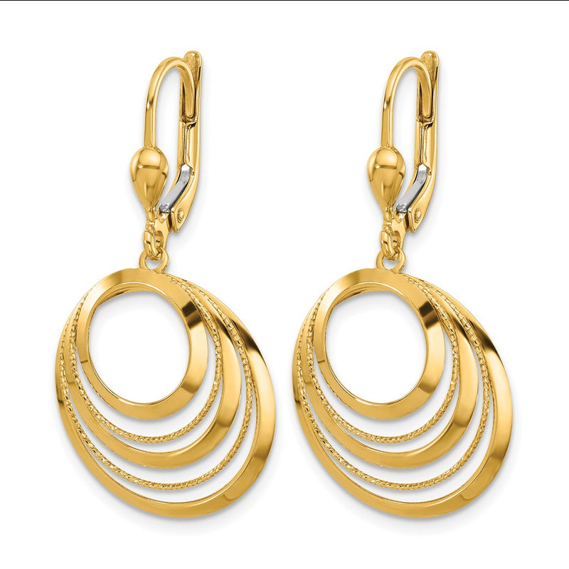 14K Yellow Gold Polished And Diamond Cut Circles Dangle Leverback Earrings