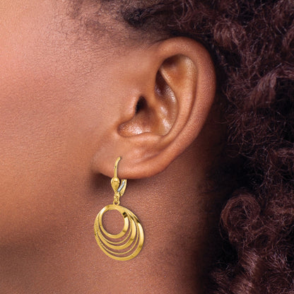14K Yellow Gold Polished And Diamond Cut Circles Dangle Leverback Earrings