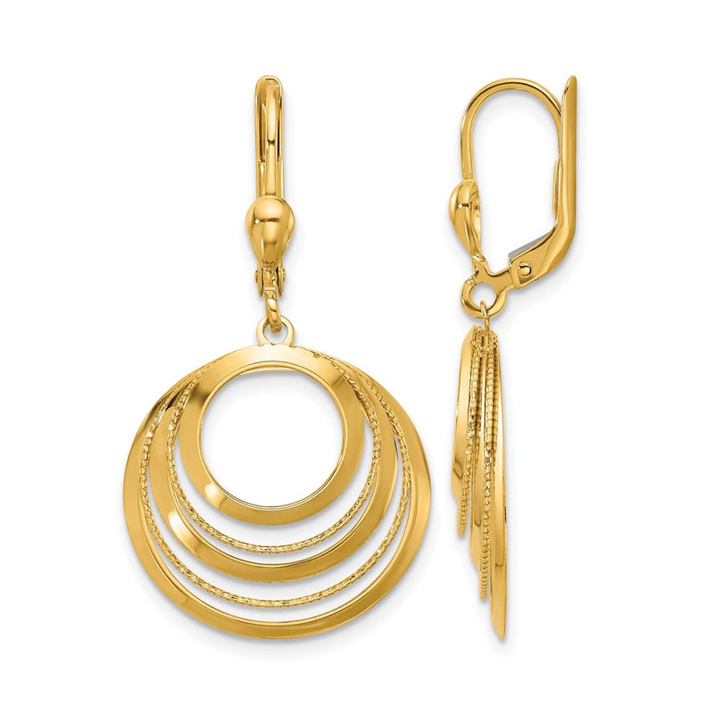 14K Yellow Gold Polished And Diamond Cut Circles Dangle Leverback Earrings