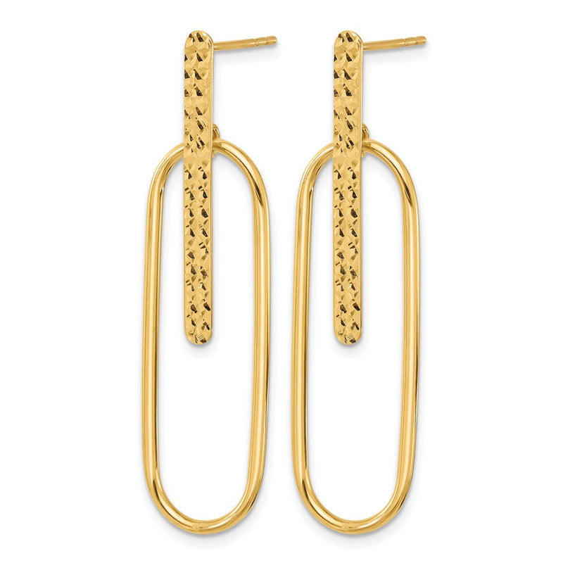14K Yellow Gold Polished And Diamond Cut Oval Dangle Post Earrings