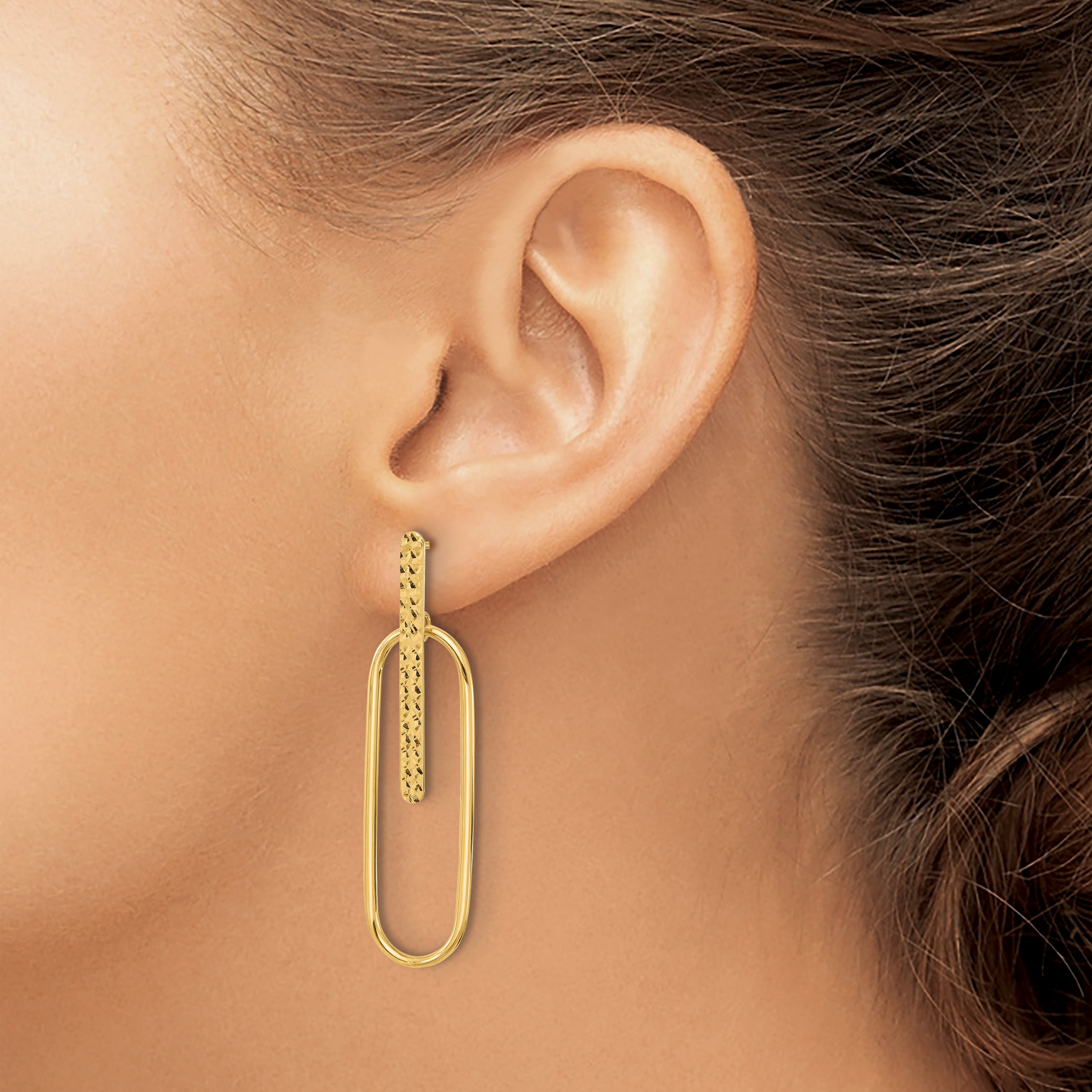 14K Yellow Gold Polished And Diamond Cut Oval Dangle Post Earrings