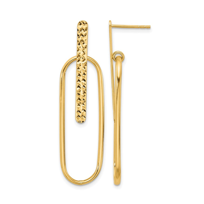 14K Yellow Gold Polished And Diamond Cut Oval Dangle Post Earrings
