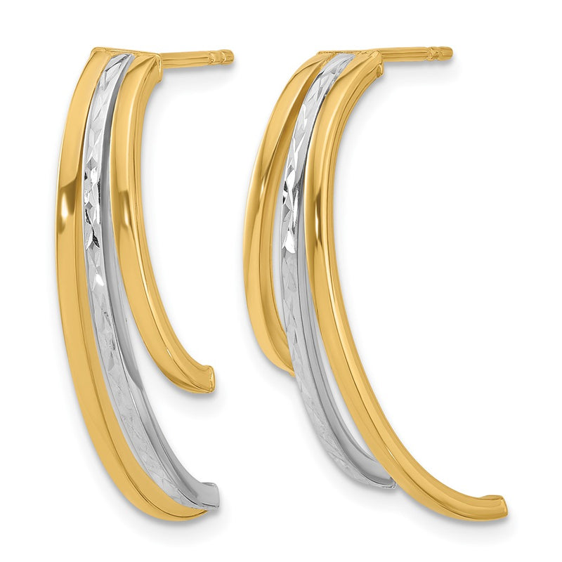 14K Yellow & Rhodium Polished And D/C 3 Row Drop Post Earrings