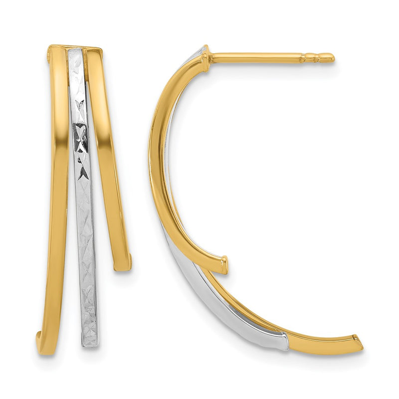 14K Yellow & Rhodium Polished And D/C 3 Row Drop Post Earrings