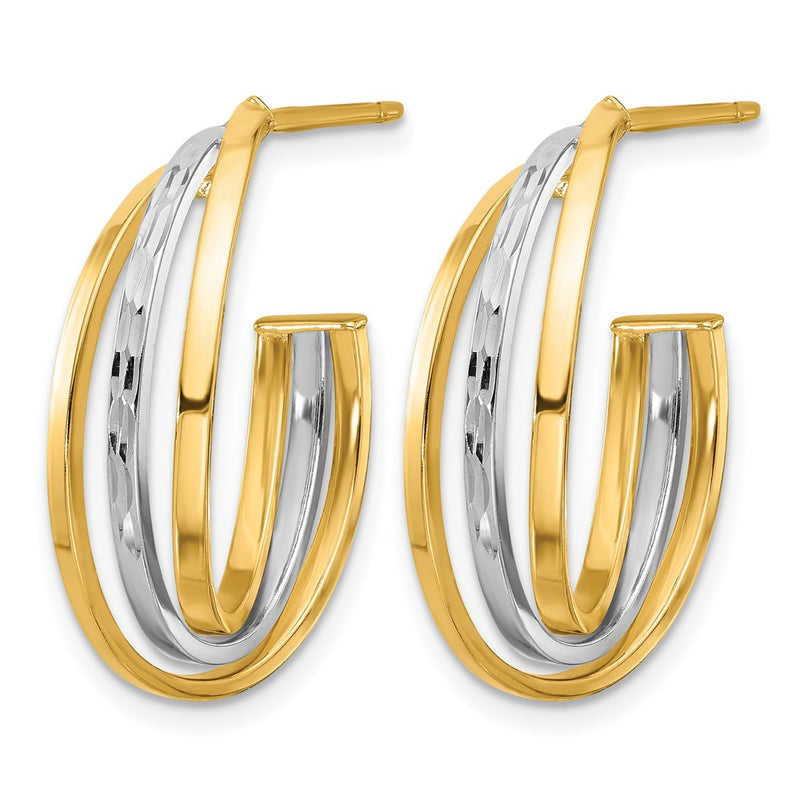14K Yellow & Rhodium Wht Polished / Diamond Cut J Hoop Post Earrings