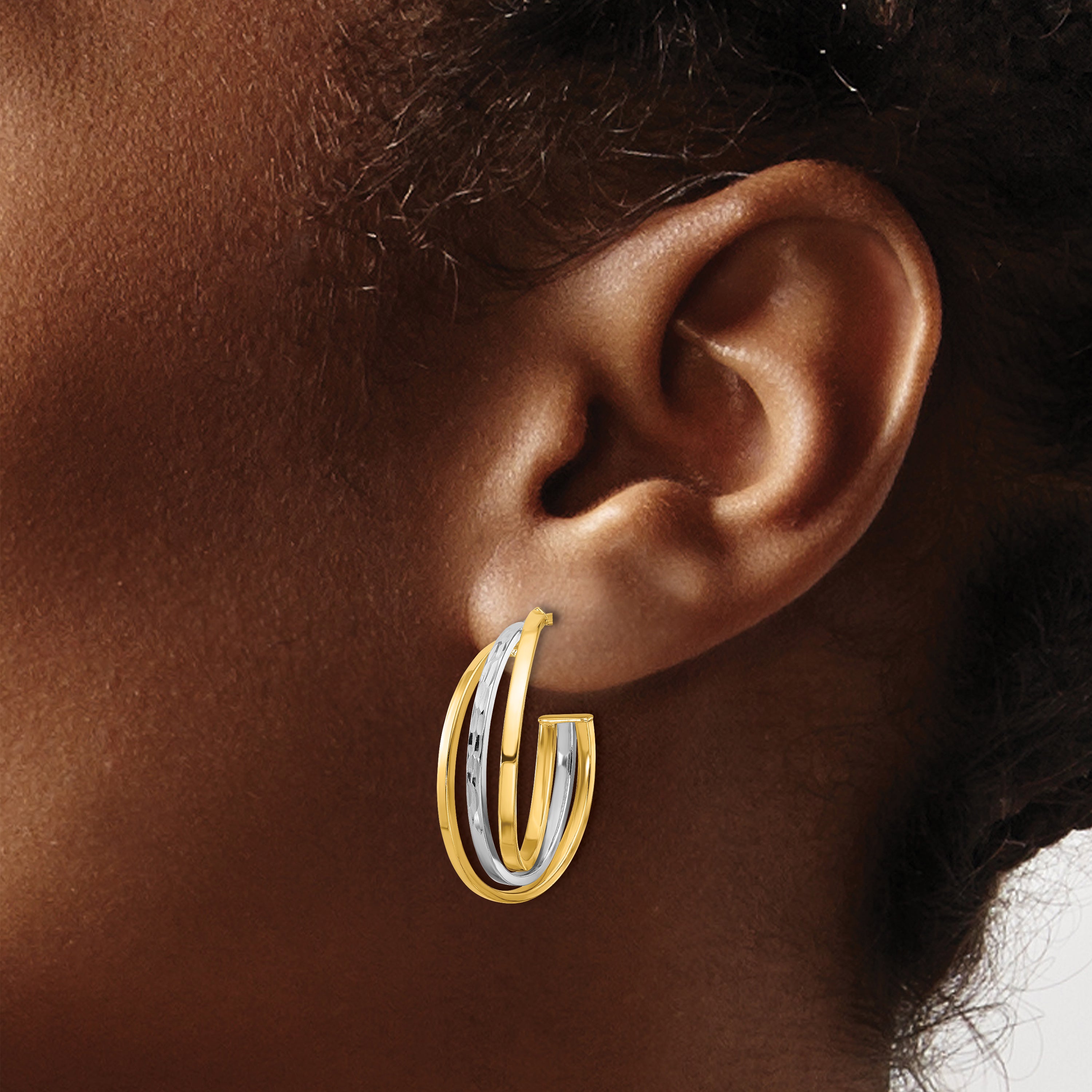 14K Yellow & Rhodium Wht Polished / Diamond Cut J Hoop Post Earrings