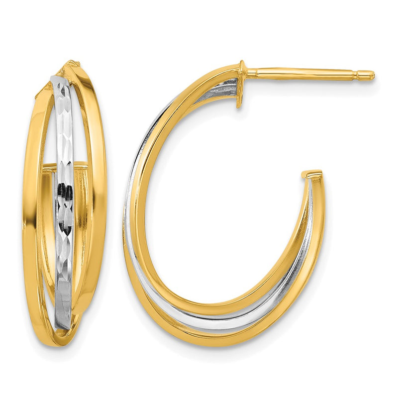 14K Yellow & Rhodium Wht Polished / Diamond Cut J Hoop Post Earrings