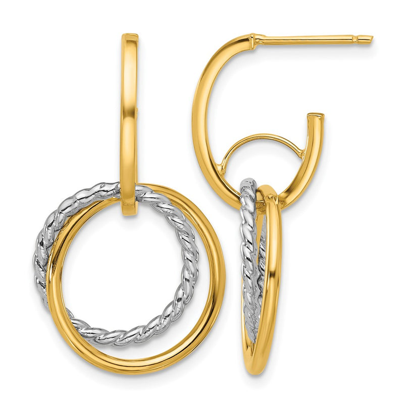 14K Yellow & Rhodium Polished/Twisted Circles J Hoop Post Earrings