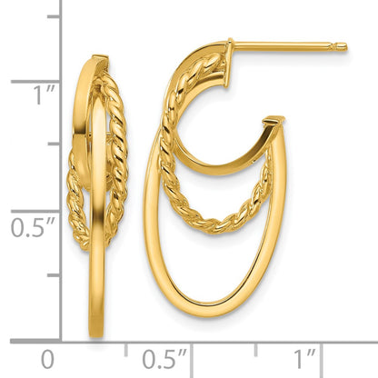 14K Yellow Gold Polished And Twisted Oval J Hoop Post Earrings