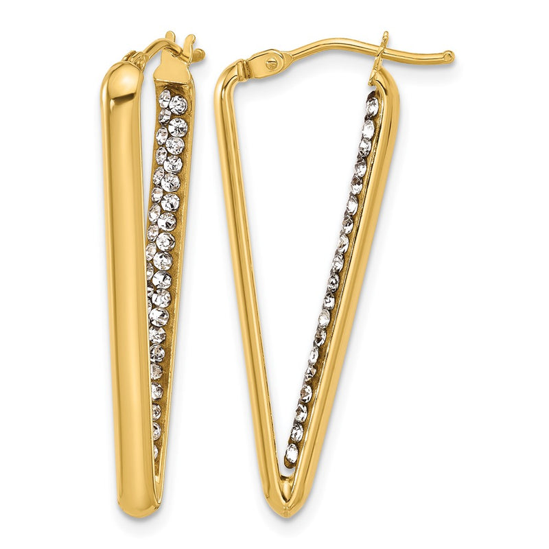 14K Yellow Gold Polished With Crystal Triangle Hoop Earrings