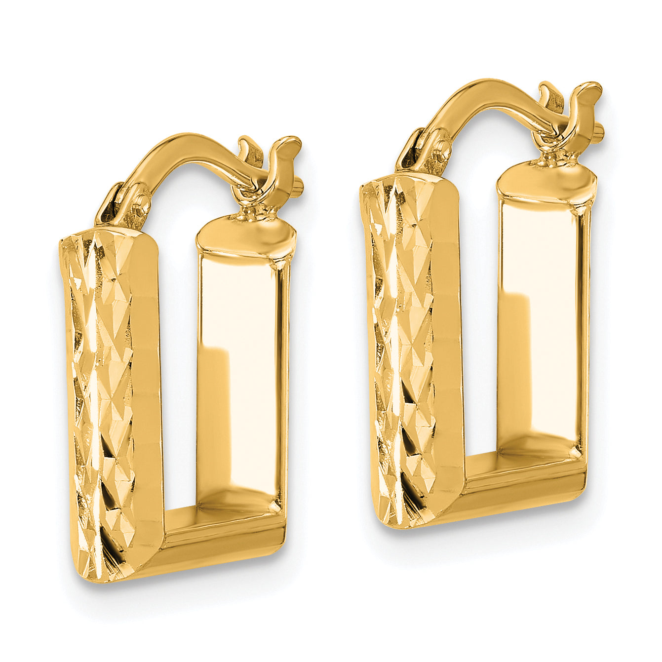 14K Yellow Gold Polished And Diamond Cut Square Hoop Earrings