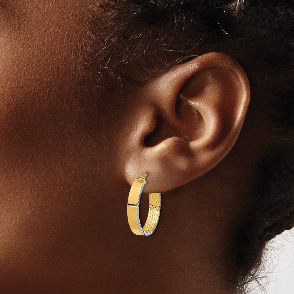 14K Yellow & Rhodium W/white Rhodium Polished and Diamond-Cut Hoop Earrings