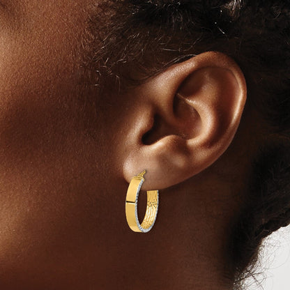 14K Yellow & Rhodium W/white Rhodium Polished and Diamond-Cut Hoop Earrings